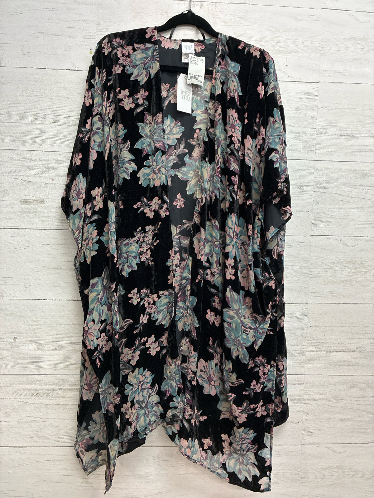 Size One Size Time & True BLACK FLORAL Womens Kimono